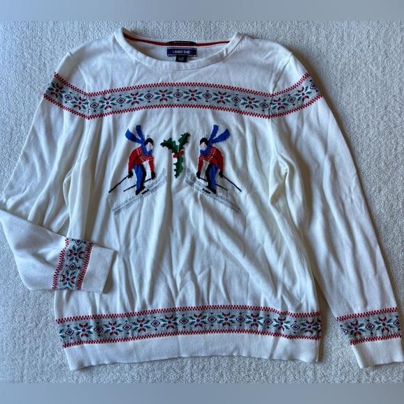 Lands' End Sweaters - Lands' End Nordic Print Festive Sweater, Skiing Design. White. Size L (14/16)